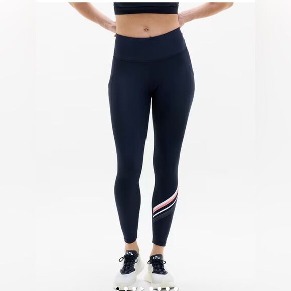 Athleta Interval Stash High Rise  Navy Leggings with Striped Detail NWOT - Picture 1 of 12